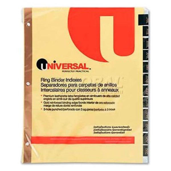 Universal One Leather-Look Mylar Tab Dividers, 12 Month Tabs, Letter, Black/Gold, 12/Set UNV20823***